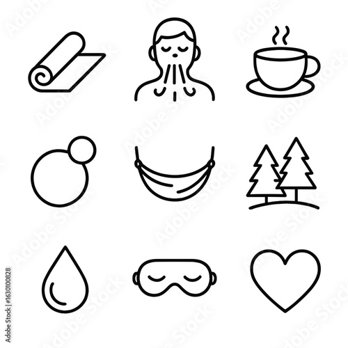 Stress Relief Icons. Outline icon set of stress relief techniques: yoga mat, deep breath, tea cup, bubble,