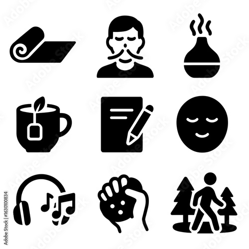 Stress Relief Icons. Solid, filled icons set of Stress relief techniques: yoga mat, breathing exercise,