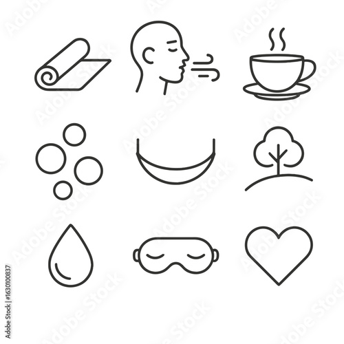 Stress Relief Icons. Outline icon set of stress relief techniques: yoga mat, deep breath, tea cup, bubble,
