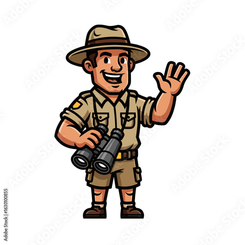 Friendly Male Explorer in Safari Outfit Holding Binoculars and Waving in a Natural Setting