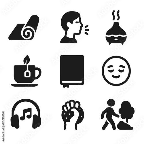 Stress Relief Icons. Solid, filled icons set of Stress relief techniques: yoga mat, breathing exercise,