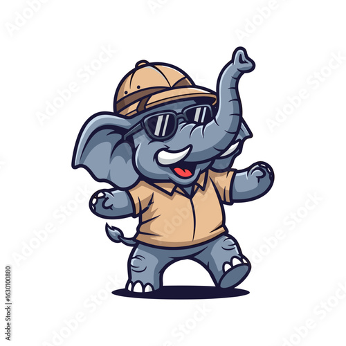 Playful Cartoon Elephant Character Wearing Sunglasses and a Hat in a Joyful Outdoor Scene