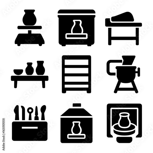 Studio Pottery Tools. Solid, filled icons set of studio pottery equipment: potter’s wheel, damp box, wedging