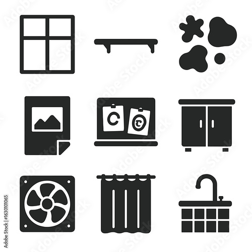 Studio Environment Icons. Solid, filled icons set of studio environment elements: large window, wall-mounted