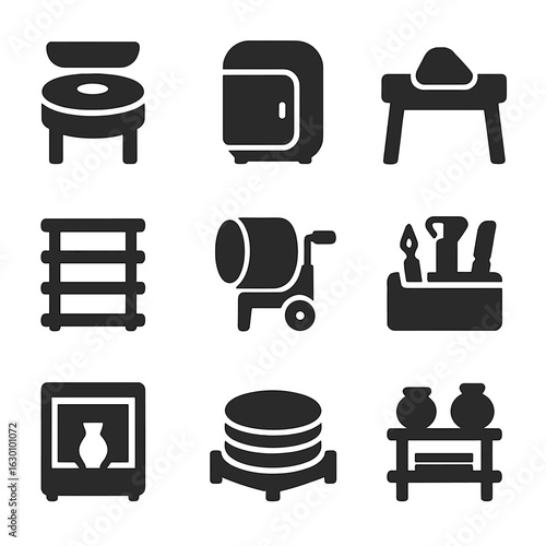 Studio Pottery Tools. Solid, filled icons set of studio pottery equipment: potter’s wheel, damp box, wedging