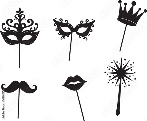 Fun party props: masks, lips, mustache, crown, starburst