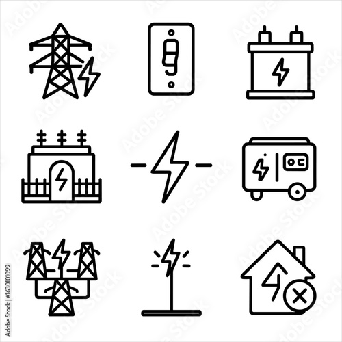 Power System Icons. Outline icon set of lightning in power systems: power lines, circuit breaker, transformer, substation, voltage
