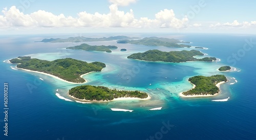 Fototapeta Naklejka Na Ścianę i Meble -  An aerial shot captures a stunning tropical paradise, featuring a group of lush, green islands surrounded by crystal-clear turquoise water and vibrant coral reefs.

