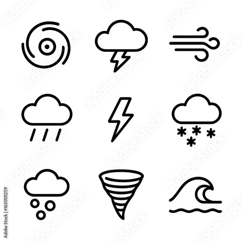 Extreme Weather Icons. Outline icon set of extreme weather: hurricane eye, thundercloud, gust of wind, rainstorm, lightning flash,