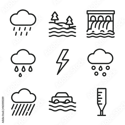 Extreme Weather Icons. Outline icon set of deluge weather events: heavy rain, flooded river, overflowing dam, storm cloud,