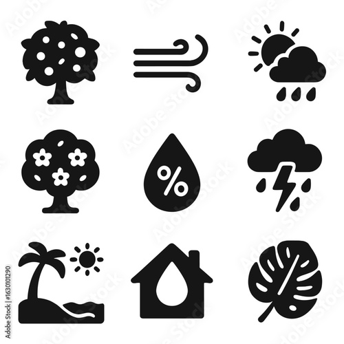Subtropical Icons Set. Solid, filled icons set of subtropical climate traits: orange tree, coastal breeze, sun