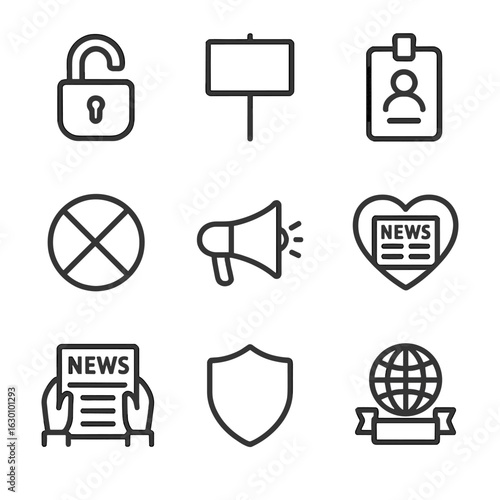 Press Freedom Icons. Outline icon set of press freedom symbols: open padlock, protest sign, press pass, censorship slash,