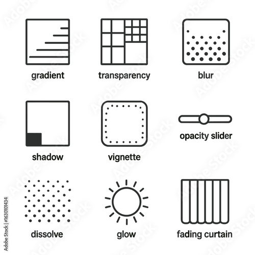Fading Effects Icon Set. Outline icon set of fade effects: gradient, transparency, blur, shadow, vignette, opacity slider,