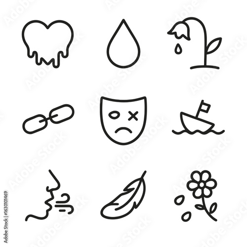 Fading Emotions Icons. Outline icon set of fading emotions: melting heart, teardrop, wilting flower, broken chain, cracked mask,