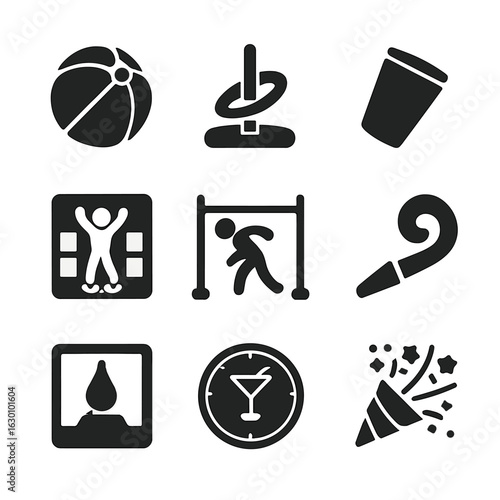 Summer Party Icons. Solid, filled icons set of summer party games and fun: beach ball, ring toss, flip cup,