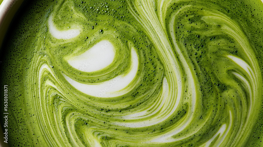 Obraz premium Abstrakte Nahaufnahme von Matcha Latte mit Milchschaumtextur