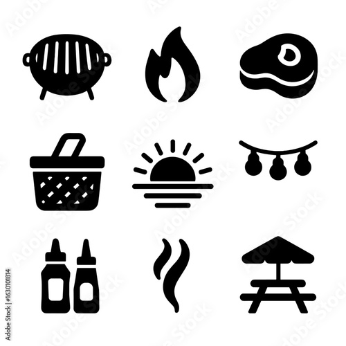 Sunset Barbecue Icons. Solid, filled icons set of sunset barbecue gathering: grill grate, flame, meat, picnic