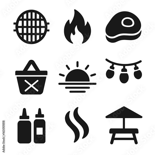 Sunset Barbecue Icons. Solid, filled icons set of sunset barbecue gathering: grill grate, flame, meat, picnic