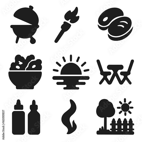 Sunset BBQ Icons. Solid, filled icons set of sunset barbecue scene: grill lid, flame torch, meat slices, salad