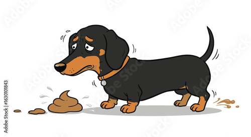 A worried dachshund stands beside its accident, exhibiting remorseful body language.