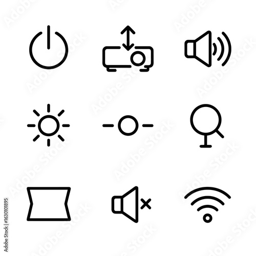 Projector Function Icons. Outline icon set of projector functions: power on/off, input source, volume control, brightness