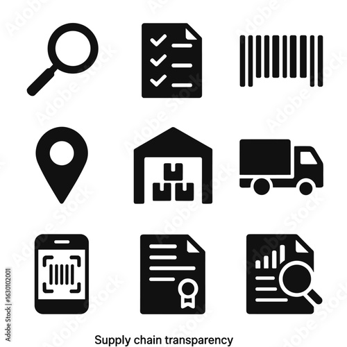 Supply Chain Icons. Solid, filled icons set of supply chain transparency: magnifying glass, document checklist