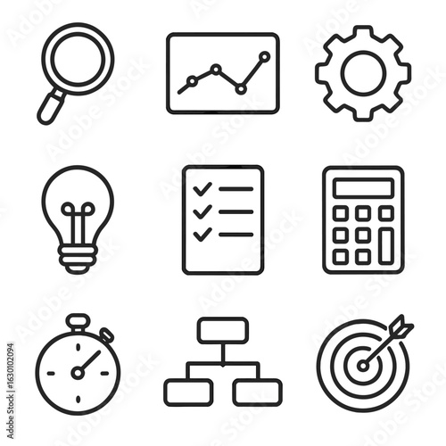 Supply Chain Icons. Outline icon set of supply chain optimization: magnifying glass, data graph, gear, light