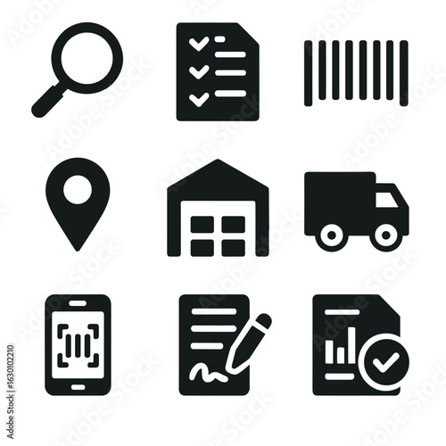 Supply Chain Icons. Solid, filled icons set of supply chain transparency: magnifying glass, document checklist