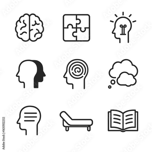 Psychological Icon Set. Outline icon set of psychological depth: brain, puzzle pieces, insight bulb, shadow self, mind maze,