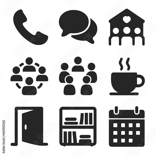 Support Network Icons. Solid, filled icons set of support networks: phone hotline, chat bubbles, group