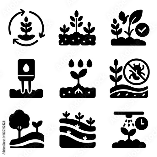 Sustainable Agriculture Icons. Solid, filled icons set of sustainable agriculture and water use: crop rotation