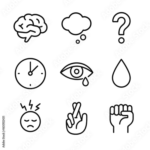 Psychological Tension Icons. Outline icon set of psychological tension: brain, thought bubble, question mark, clock, eye with tear