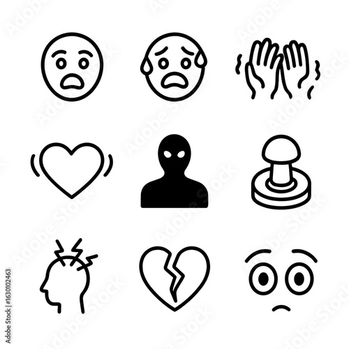 Psychological Terror Icons. Outline icon set of psychological terror: fear face, sweating, trembling hands, heart pounding, shadow