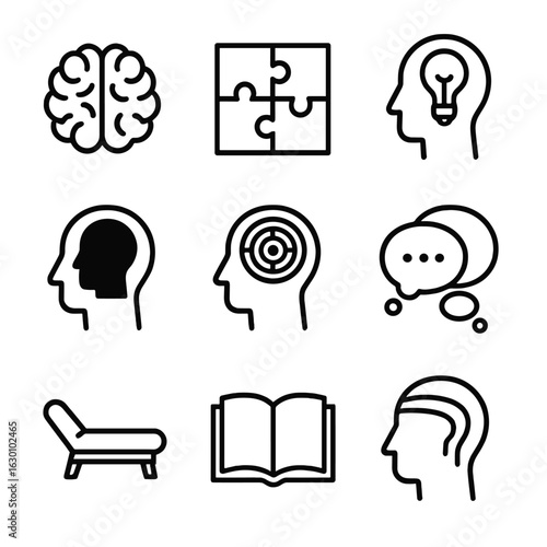 Psychological Icon Set. Outline icon set of psychological depth: brain, puzzle pieces, insight bulb, shadow self, mind maze,