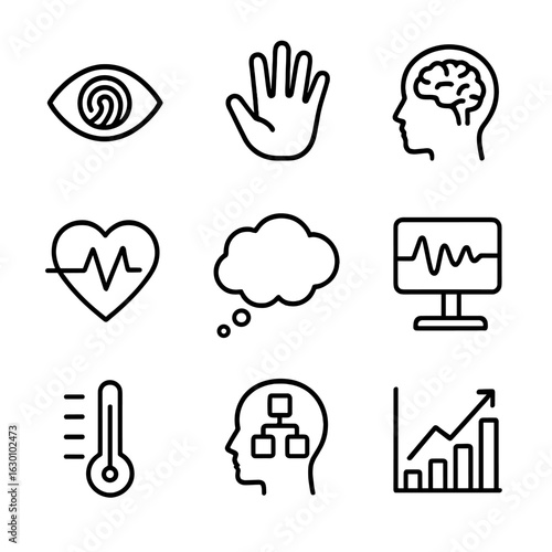 Psychology Icon Set. Outline icon set of psychological evidence: eye print, hand mark, brain scan, emotional pulse, thought bubble