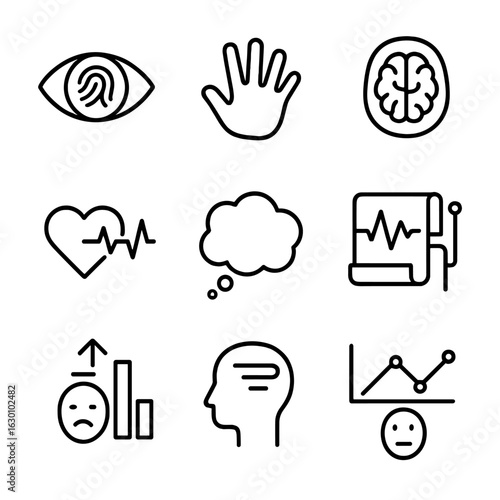 Psychology Icon Set. Outline icon set of psychological evidence: eye print, hand mark, brain scan, emotional pulse, thought bubble