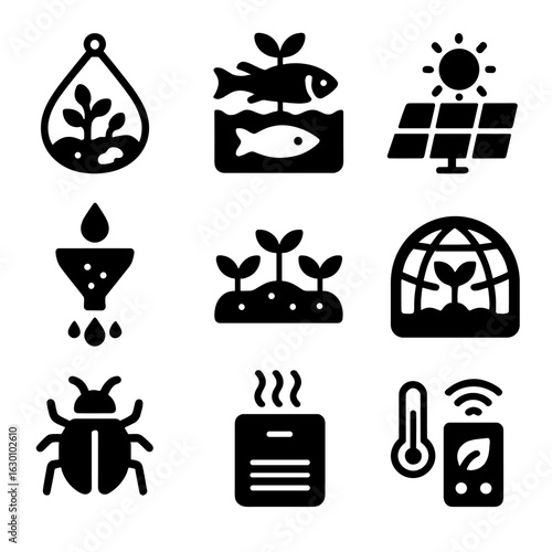 Sustainable Ecosystem Icons. Solid, filled icons set of Sustainable artificial ecosystems: terrarium,