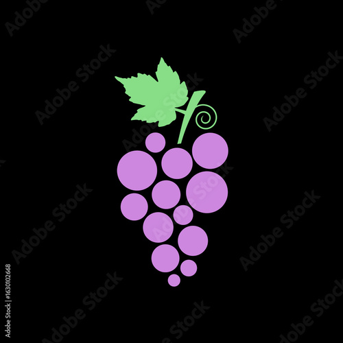 Grapes with leaf icon isolated on black background