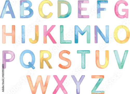 Collection of watercolor illustrated colorful alphabet letters in vector format