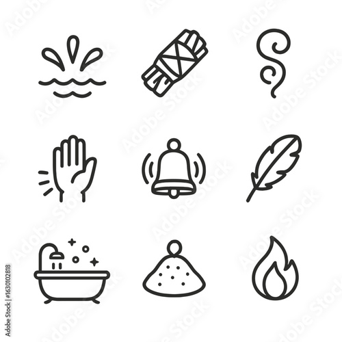 Purification Ritual Icons. Outline icon set of purification rituals: water splash, sage bundle, smoke swirl, salt pile, cleansing