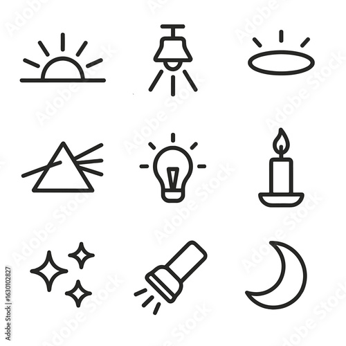 Purity Icon Set. Outline icon set of purity in light: sunbeam, spotlight, halo, prism, light bulb, candle, sparkles, flashlight,