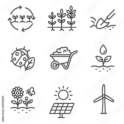 Sustainable Farming Icons Grid. Outline icon set of sustainable farming practices: crop rotation, cover crops,