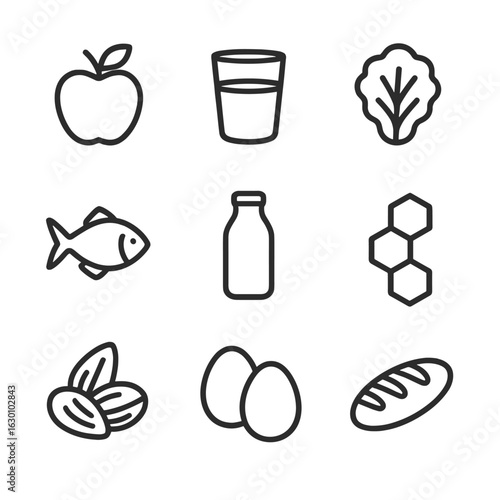Purity Food Icons. Outline icon set of purity in food: apple, water glass, leaf salad, fish, milk bottle, honeycomb, nuts, eggs,