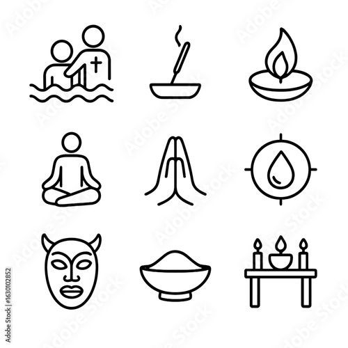 Purity Ritual Icons. Outline icon set of purity rituals: water baptism, incense, cleansing flame, yoga pose, prayer hands,