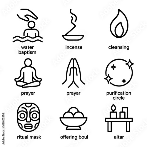 Purity Ritual Icons. Outline icon set of purity rituals: water baptism, incense, cleansing flame, yoga pose, prayer hands,