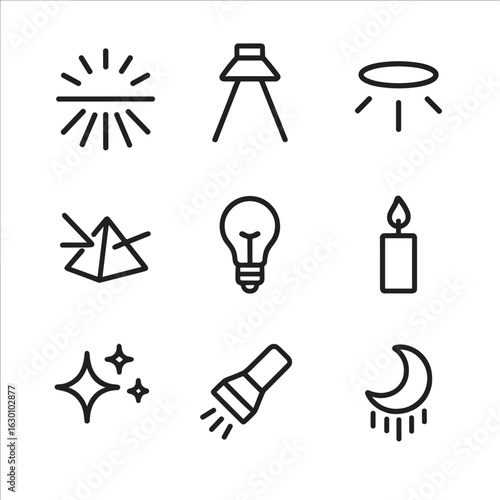 Purity Icon Set. Outline icon set of purity in light: sunbeam, spotlight, halo, prism, light bulb, candle, sparkles, flashlight,