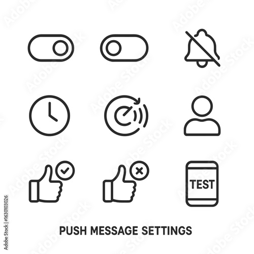 Push Notification Icons. Outline icon set of push message settings: enable toggle, disable toggle, do not disturb, schedule time,