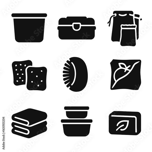Sustainable Kitchen Icons. Solid, filled icons set of sustainable kitchen items: silicone food bags, stainless