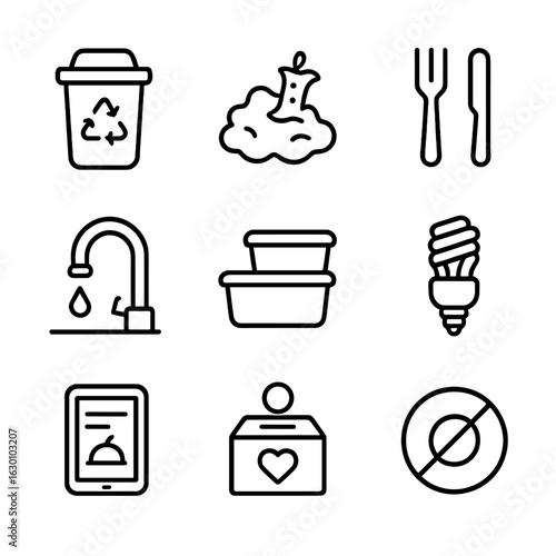 Sustainable Hospitality Icons. Outline icon set of waste minimization in hospitality: recycling bin, compost
