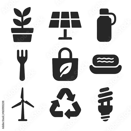 Sustainable Lifestyle Icons. Solid, filled icons set of sustainable minimalism lifestyle: plant pot, solar